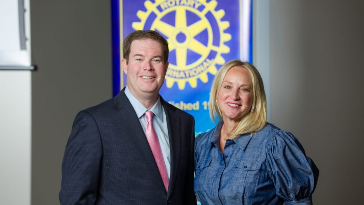 The Rotary Club of Edmond Past-President James Boggs welcomes incoming president Beth Case. (Photo: <a href="https://edmondbusiness.com/author/brent-fuchs/">Brent Fuchs</a>)