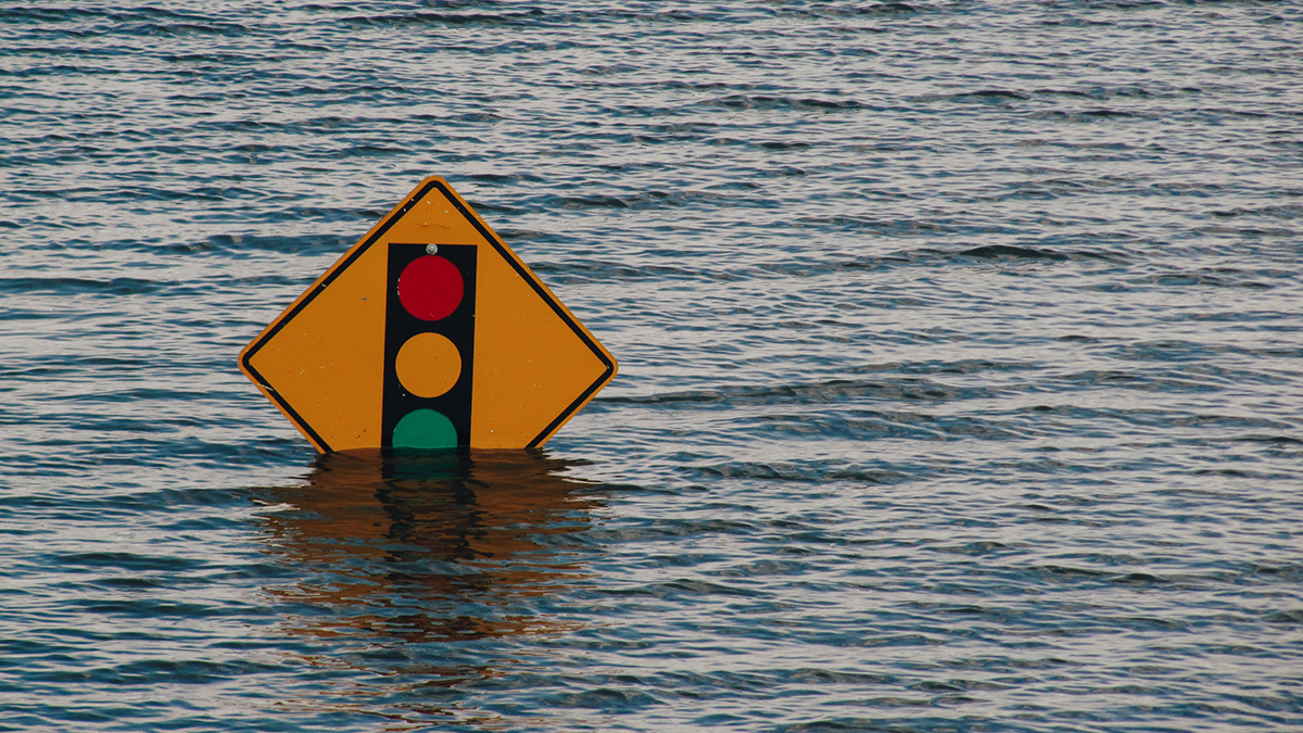 Stoplight sign in flood waters